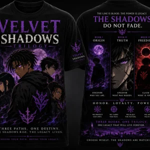 Velvet Shadows Trilogy T-Shirt — client-supplied artwork